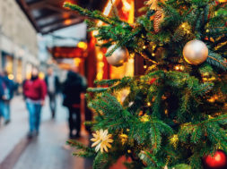 Decorated Christmas tree at traditonal market in the evening.