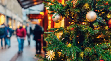 Decorated Christmas tree at traditonal market in the evening.