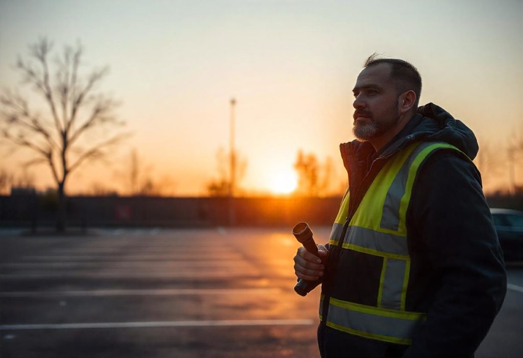 A calm and composed security officer.