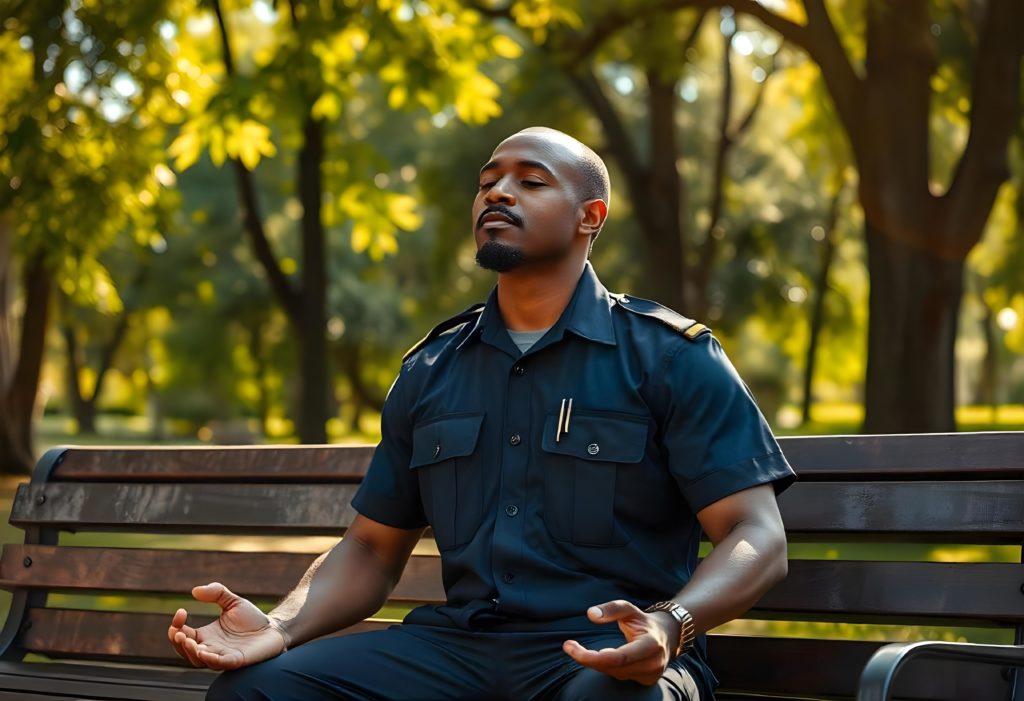 An on-duty security officer working on his mental strength