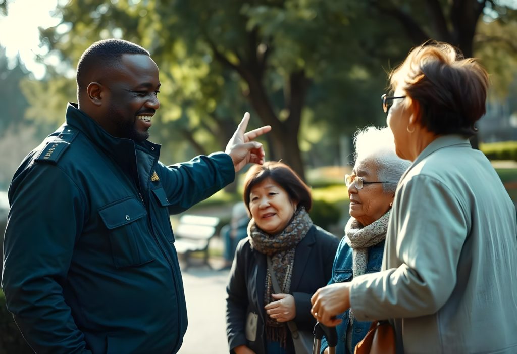 A security officer helping a group of elderly women navigating directions.