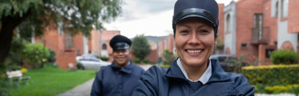 Friendly security guards patrolling a residential area, ensuring neighborhood safety.