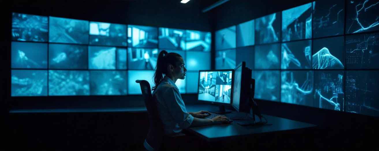 A licensed CCTV operator monitoring venue security