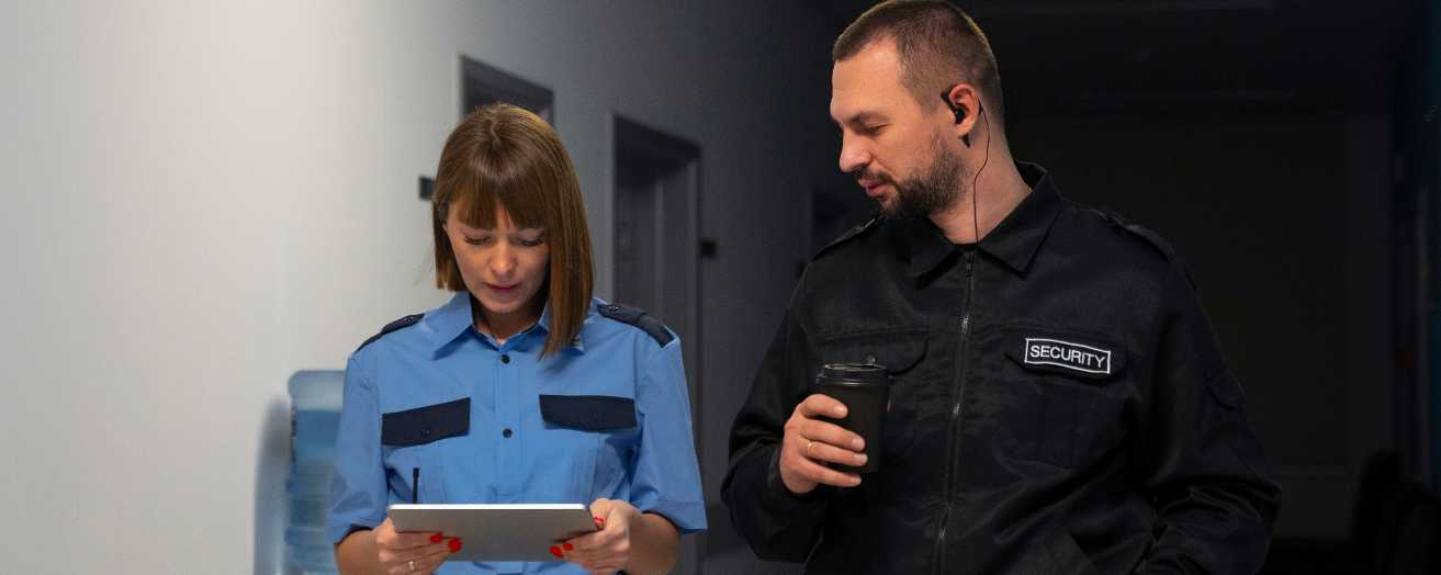 Male and Female Security Personnel backstage of a play 