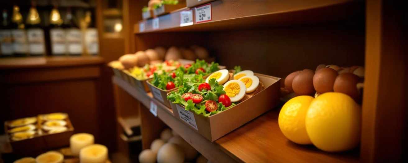 Healthy meal boxes placed on a shelf at a grocery store