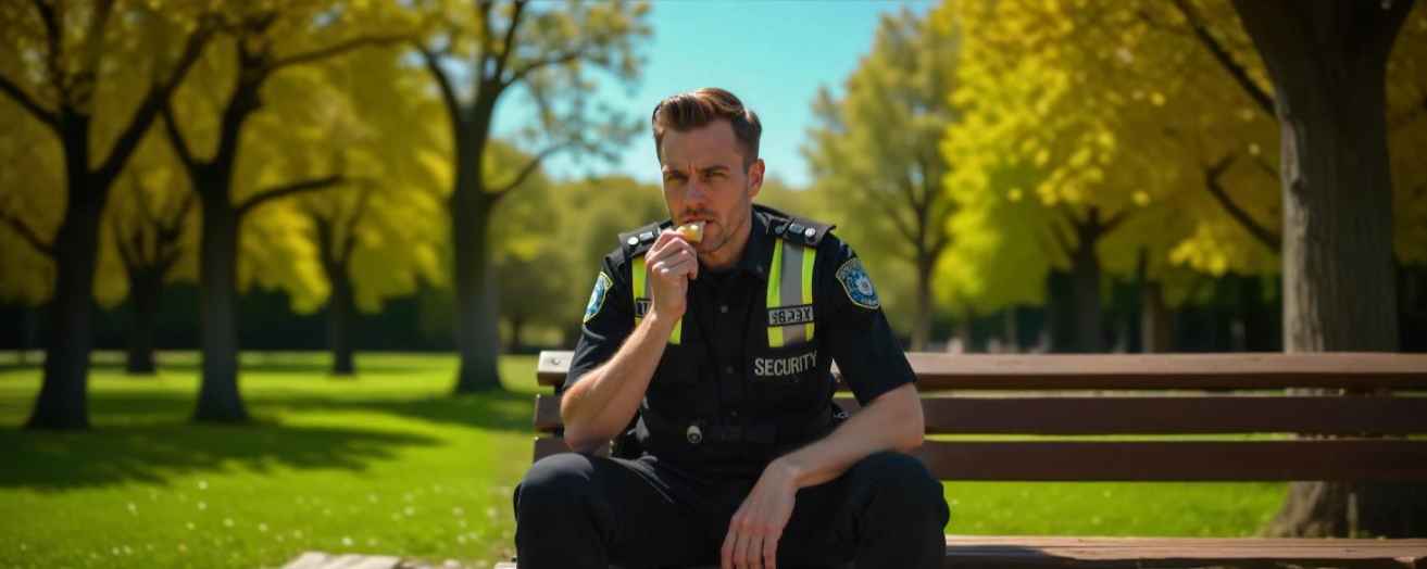 A security officer eating a healthy snack during his shift.