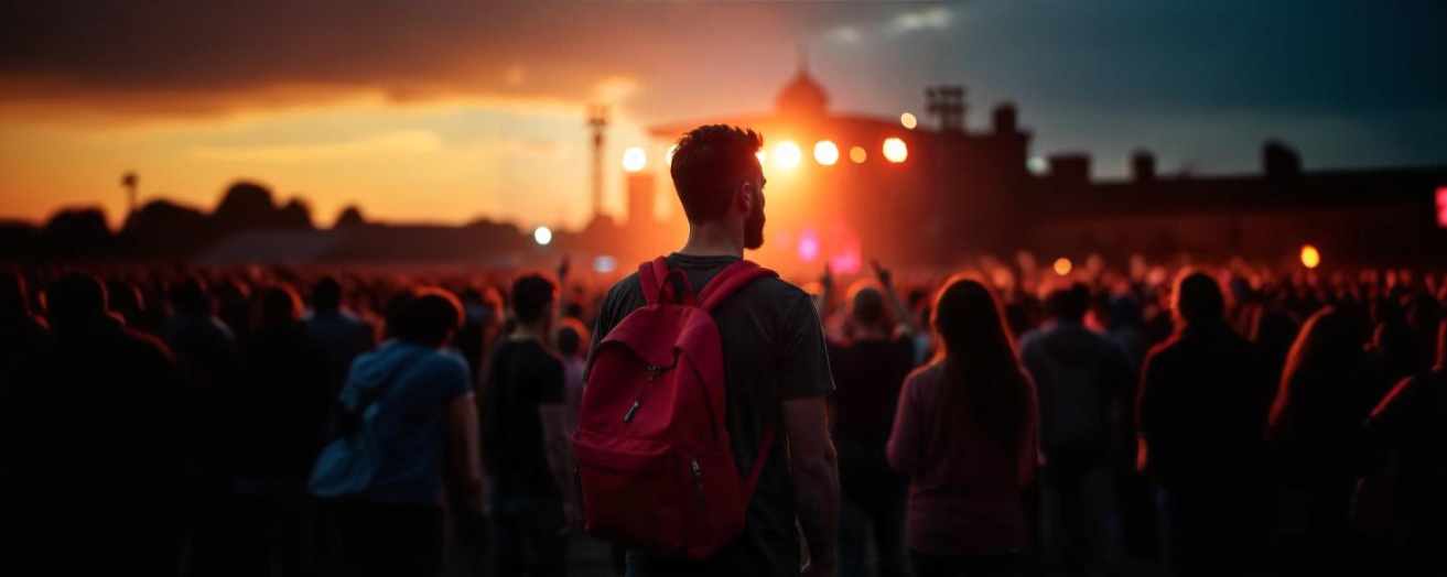 a man wearing a backpack, entering an event venue for a security check