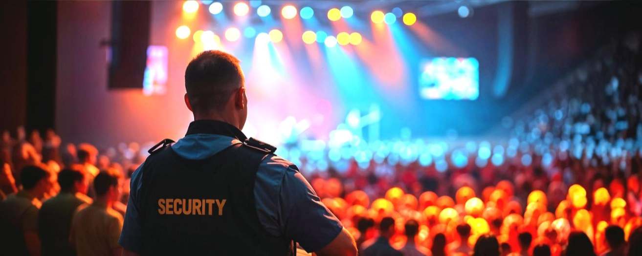 A security officer monitoring a large crowd at an event, ensuring safety and order under bright stage lights.