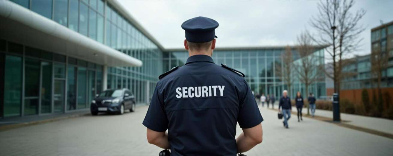 A security officer patrolling outside a modern building, ensuring safety and security in a public area.