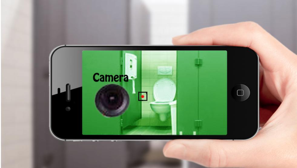 Mobile phone scanning for hidden cameras in a hotel bathroom.