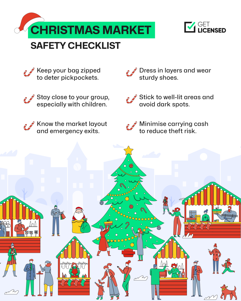 A Christmas Market Safety Checklist mentioning 6 essential tips to ensure a secure visit.